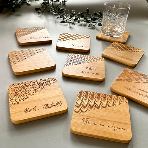 名入れ 和柄の竹製コースター（四角） 敬老の日 和婚 席札 レーザー