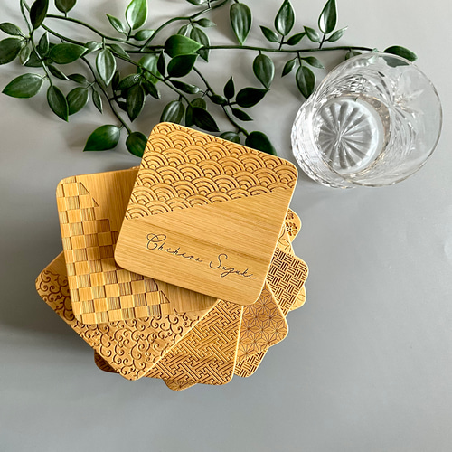 名入れ 和柄の竹製コースター（四角） 敬老の日 和婚 席札 レーザー