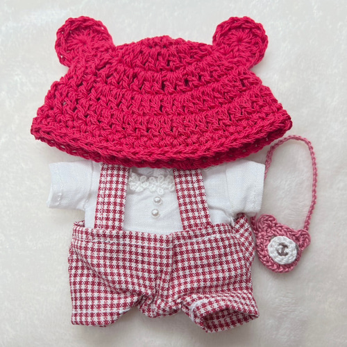 ぬい服 ハンドメイド作家 くま ツイード 赤 ちびぬい服 服上下とクマの帽子とかばん4点set ぬいぐるみ tkc shop