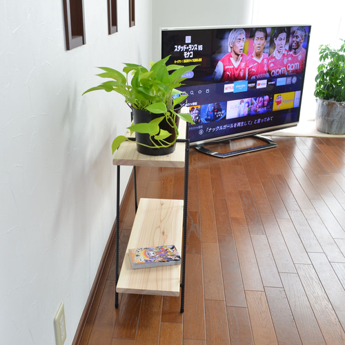 70㎝杉板2枚付き 2段アイアンラック 棚 テーブル 収納 シェルフ 植物