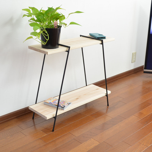 二段シェルフ 杉無垢 飾り棚 幅90cm と80cm無塗装×アイアン脚 　スギ KanademonoSugiBlackIronShelf_0