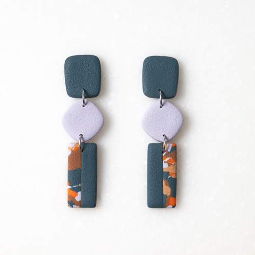 一点物】ブルー×オレンジ ニュアンスレクタングル ピアス