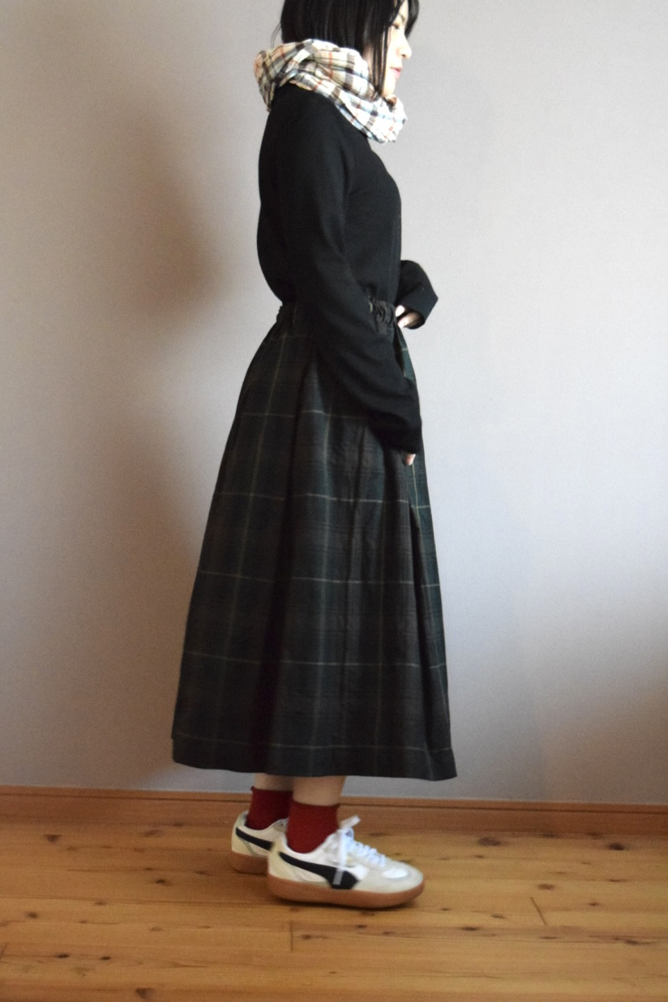 ふんわりタックギャザースカート　茶チェック