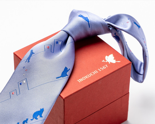 シルクネクタイ ネコ柄 ブルー ギフト ネーム刺繍 INOKUCHI1567