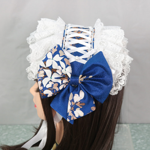 瑠璃×編上 ホワイト ヘッドドレス ロリータ 和ロリ 青 ブルー