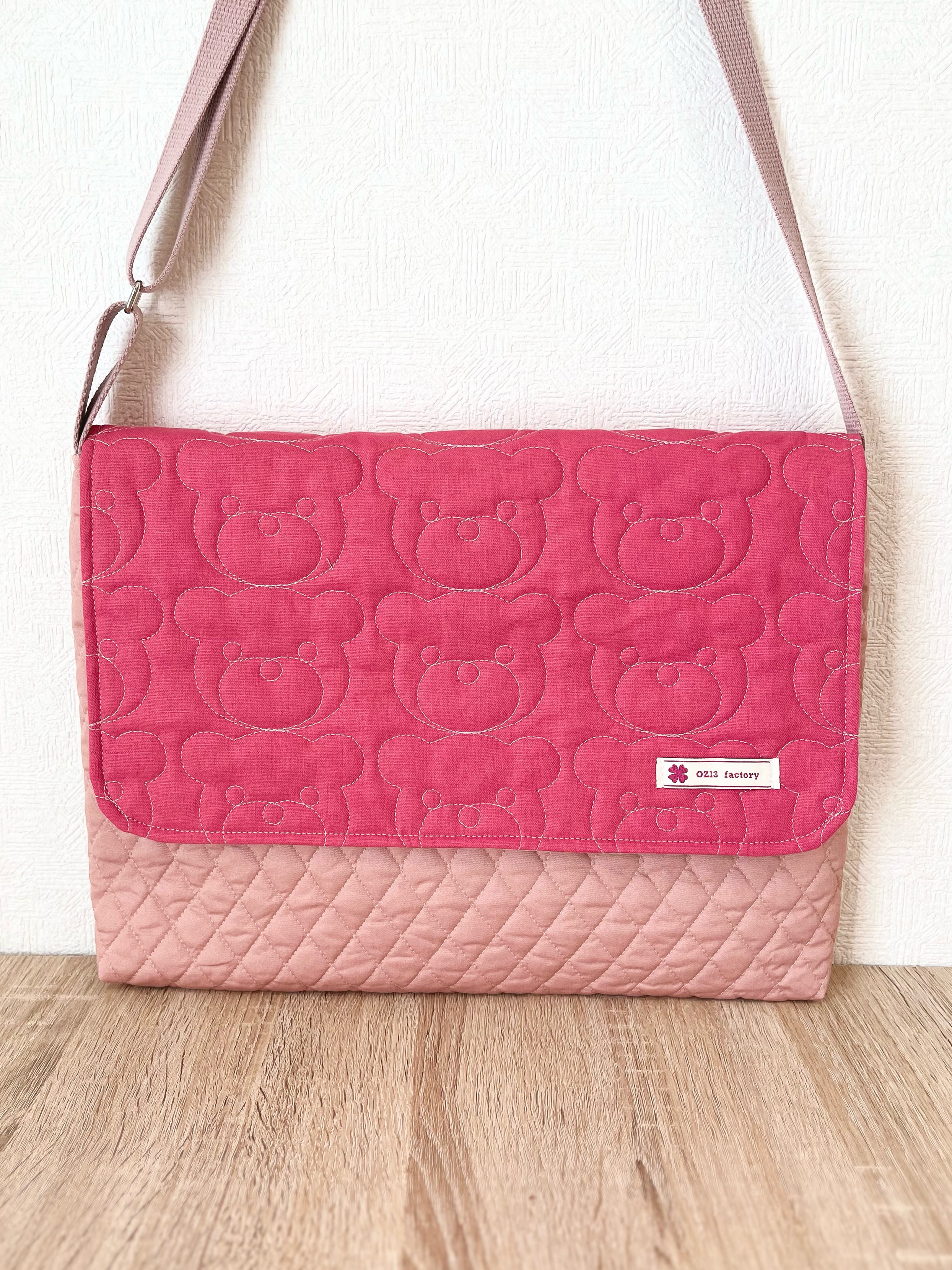 【限定1点】内側も素敵な図書袋　くまのキルト•オールドローズ×ローズキルト