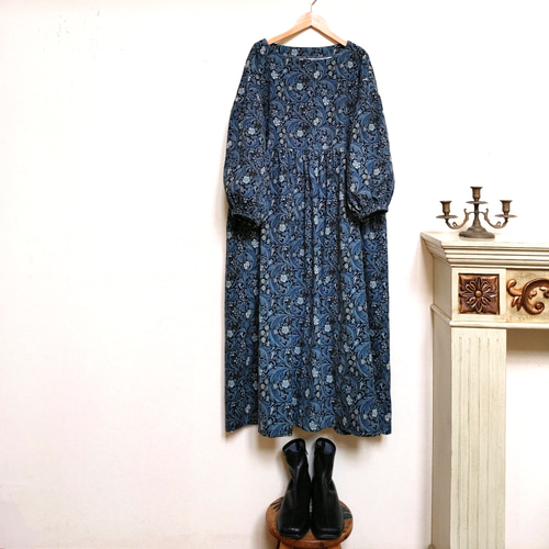 再販ウィリアムモリスコーデュロイhandmadeギャザーワンピースfree