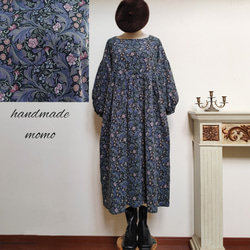 handmadeコーデュロイ花柄ギャザーワンピースfree青 handmade