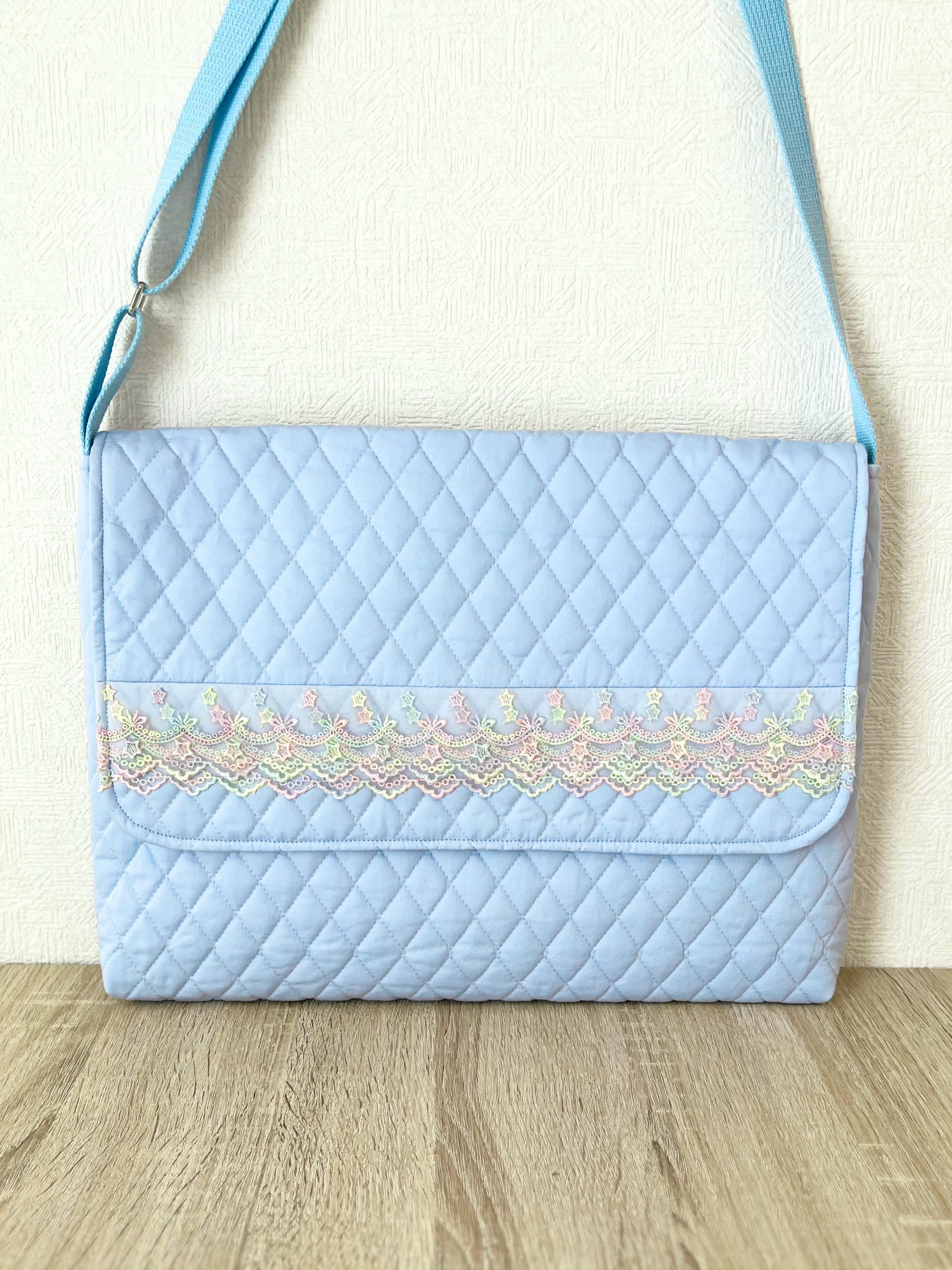 図書袋　ゆめかわレースW･サックスキルト