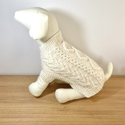 犬用アラン編みセーター♢﻿ダイヤ模様＋命の木♢﻿生成 ペット服