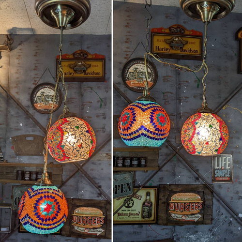 連結ペンダントランプ 2灯式 シーリングライト モザイクガラスシェイド