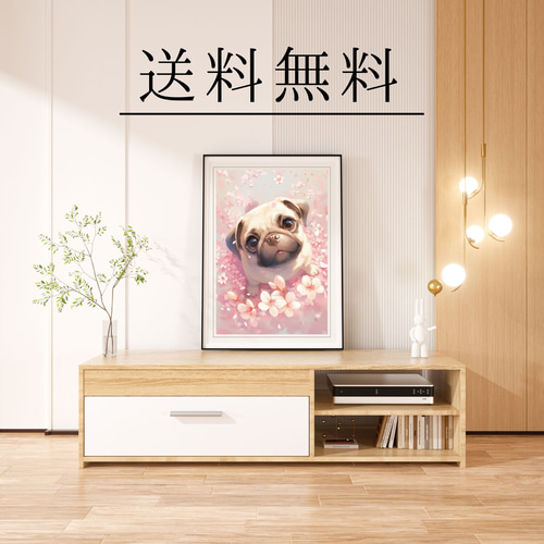 桜犬戯舞 - パグ犬 No.2】桜・花見・春・花びら・子犬・ペットロス