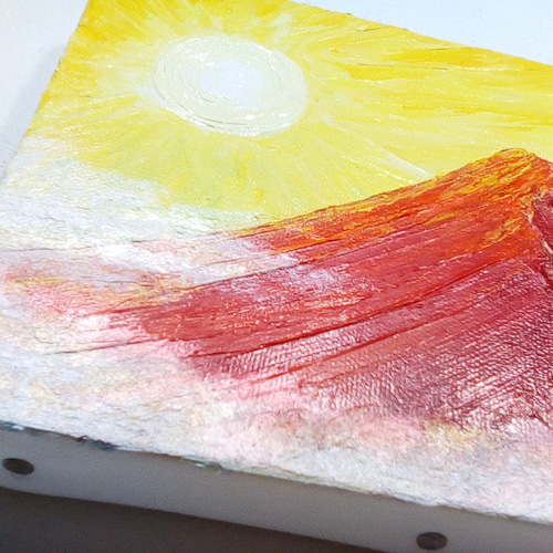 特別セーフ 赤富士〜煌き雲海〜油彩 日の出 吉祥 風水絵画 F0 金 富士山 絵画+タペストリー