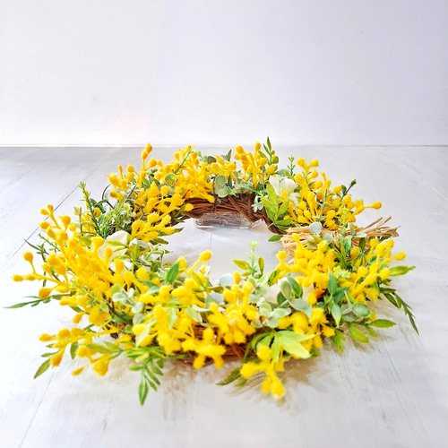 ミモザとグリーンの春リース/アーティフィシャルフラワー/Creema限定