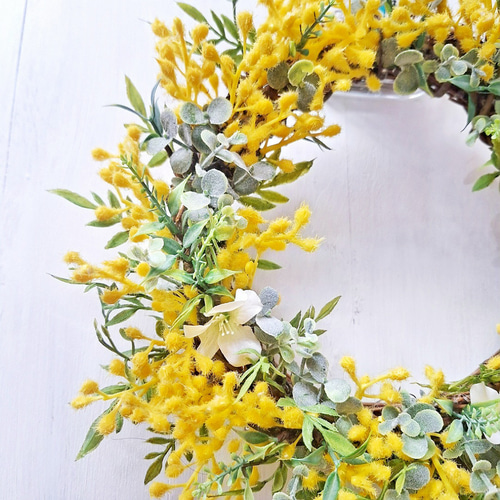 ミモザとグリーンの春リース/アーティフィシャルフラワー/Creema限定