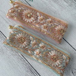 印鑑サイズ・インド刺繍リボンフラットポーチミニ 2枚目の画像