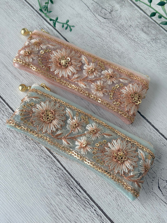 印鑑サイズ・インド刺繍リボンフラットポーチミニ 2枚目の画像