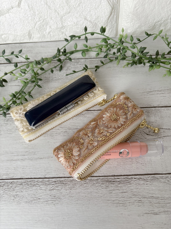 印鑑サイズ・インド刺繍リボンフラットポーチミニ 4枚目の画像