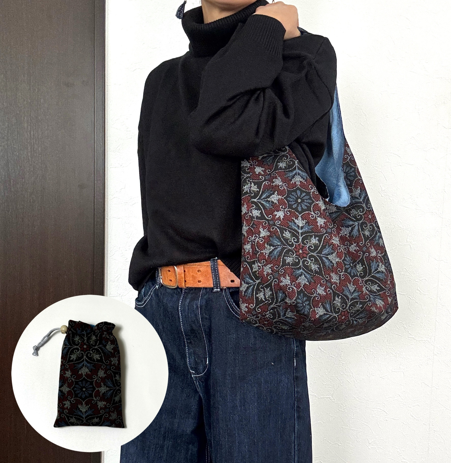 着物バックと巾着袋のセット　エスニック　ギフト対応可能着物リメイク　巾着袋　大きめ　着物バッグ　お得　贈り物　母の日　旅