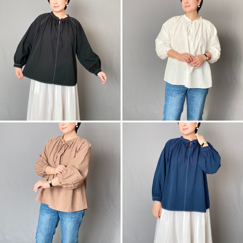 コットンリネンのアンティーク風スモックブラウス (モカブラウン
