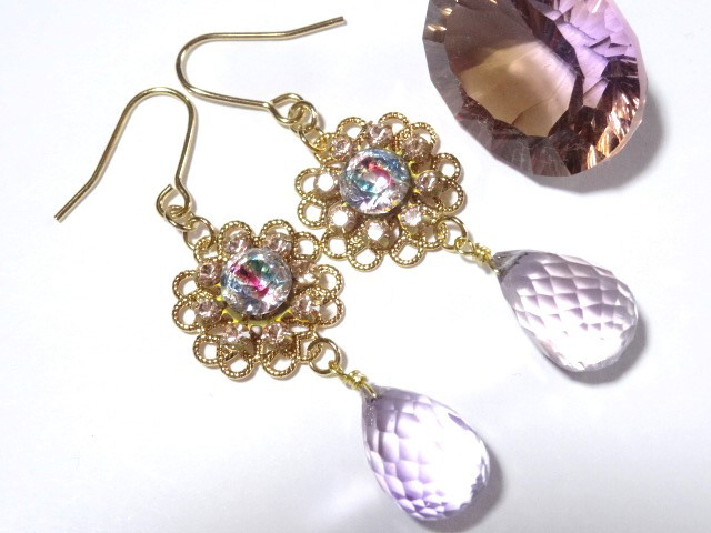 アイリスガラスストーンとアメトリンの大粒しずくフックピアス