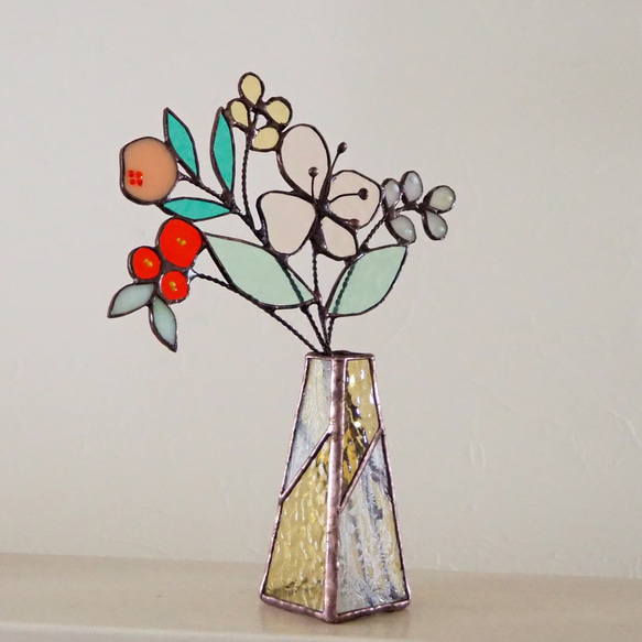 花束つき♪ステンドグラスの一輪挿し（イエロー） 3枚目の画像