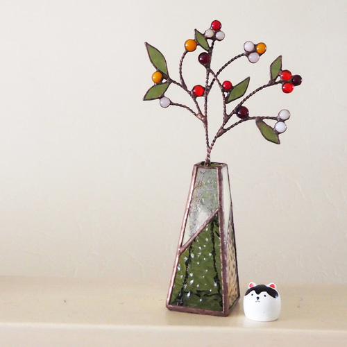 プチステンドグラス　木の実 木の実いっぱい♪ステンドグラスの冬の一輪挿し 一輪挿し・花瓶・花器