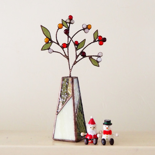 プチステンドグラス　木の実 木の実いっぱい♪ステンドグラスの冬の一輪挿し 一輪挿し・花瓶・花器