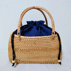 ベトナムラタンのバケツ型巾着バッグ オレンジ×ブルー/ブルー×プレーン