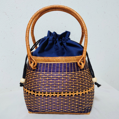 ベトナムラタンのバケツ型巾着バッグ オレンジ×ブルー/ブルー×プレーン