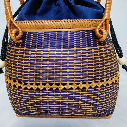 ラタン柄✿巾着型バッグ ベトナムラタンのバケツ型巾着バッグ オレンジ×ブルー/ブルー×プレーン