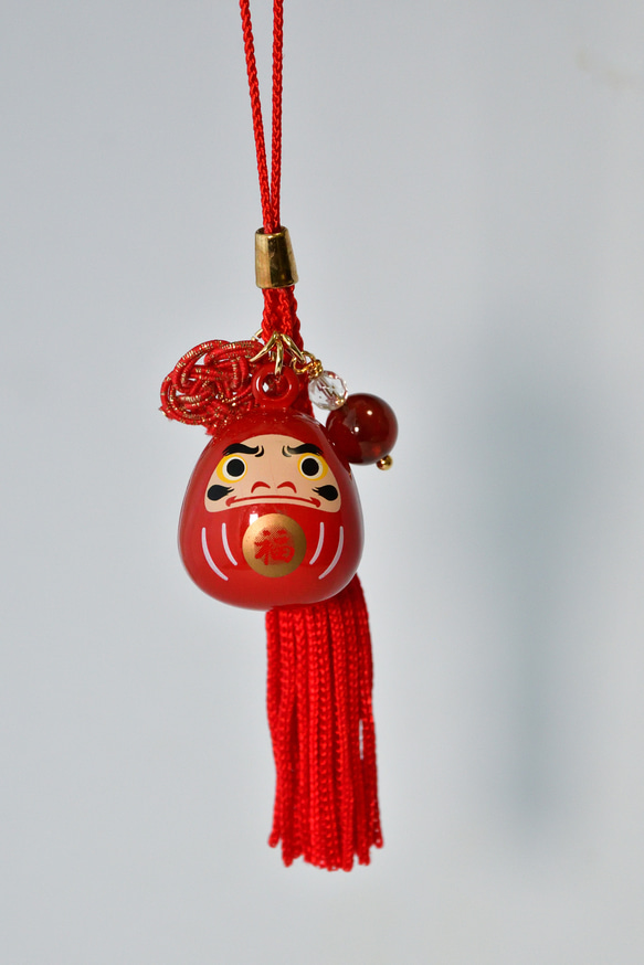 【数量限定】願いよ届け！オレンジガーネットとだるまの水琴鈴と水引の根付 5枚目の画像