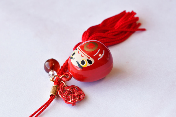 【数量限定】願いよ届け！オレンジガーネットとだるまの水琴鈴と水引の根付 1枚目の画像