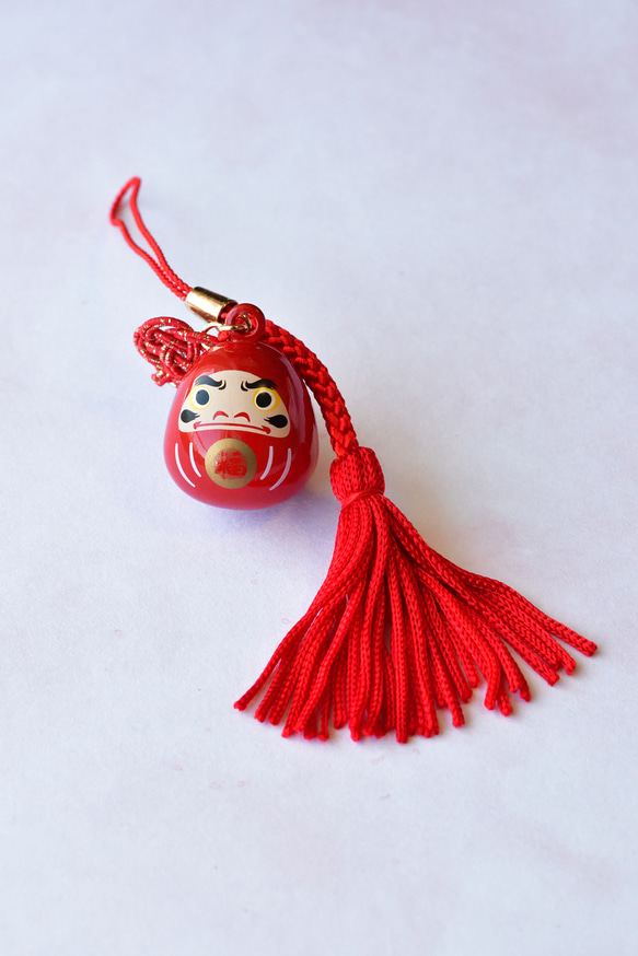 【数量限定】願いよ届け！オレンジガーネットとだるまの水琴鈴と水引の根付 4枚目の画像