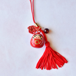 【数量限定】願いよ届け！オレンジガーネットとだるまの水琴鈴と水引の根付 3枚目の画像