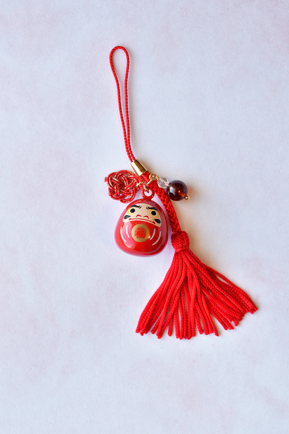 【数量限定】願いよ届け！オレンジガーネットとだるまの水琴鈴と水引の根付 3枚目の画像