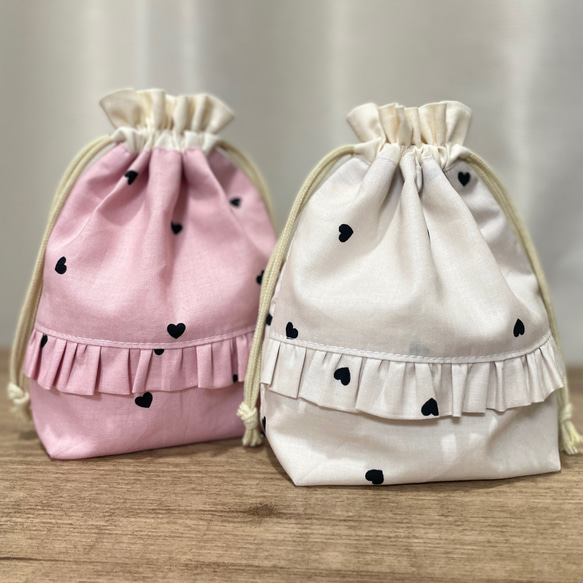 480a いちご　ミルク　ピンク　ストライプ　フリル　給食袋　巾着袋　コップ袋 楽天市場】給食袋 巾着 小 マチ付き 日本製 かわりい フリル付き