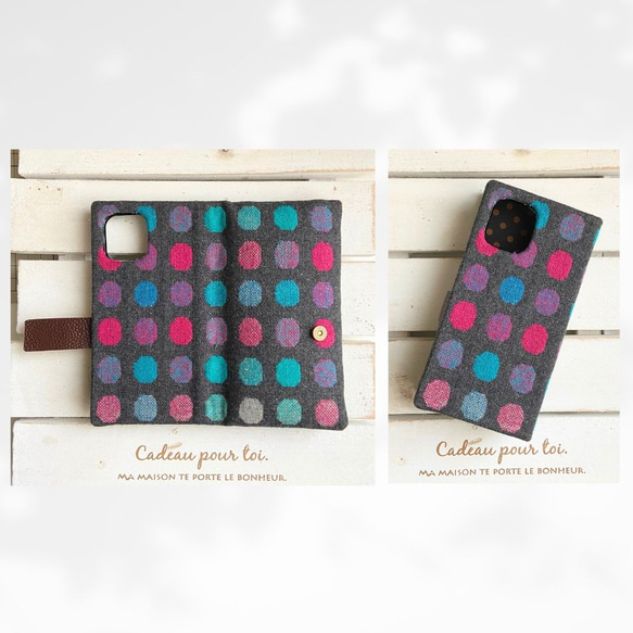 選べる仕様☆ドットウールで冬支度 黒☆手帳型スマホケース 3枚目の画像
