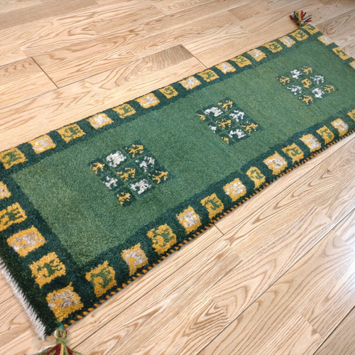 ペルシャ ギャッベ ミニランナー 116x40cm 緑色 タイル 生命の木