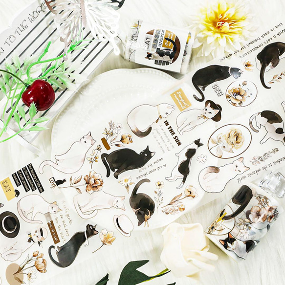 【8427】海外　マステ　5m巻売り　PETマスキングテープ　猫 海外作家 猫影相随 マスキングテープ PET コラージュ素材 装飾 海外