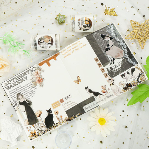 海外作家 猫影相随 マスキングテープ PET コラージュ素材 装飾 海外