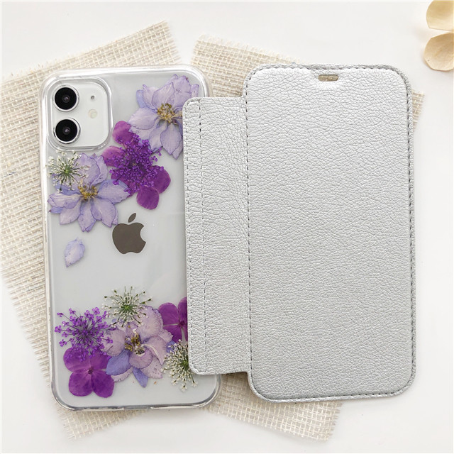 千鳥草 紫陽花iPhone16Pro/16/16ProMax/GalaxyS25  押し花ケース 手帳型ケース