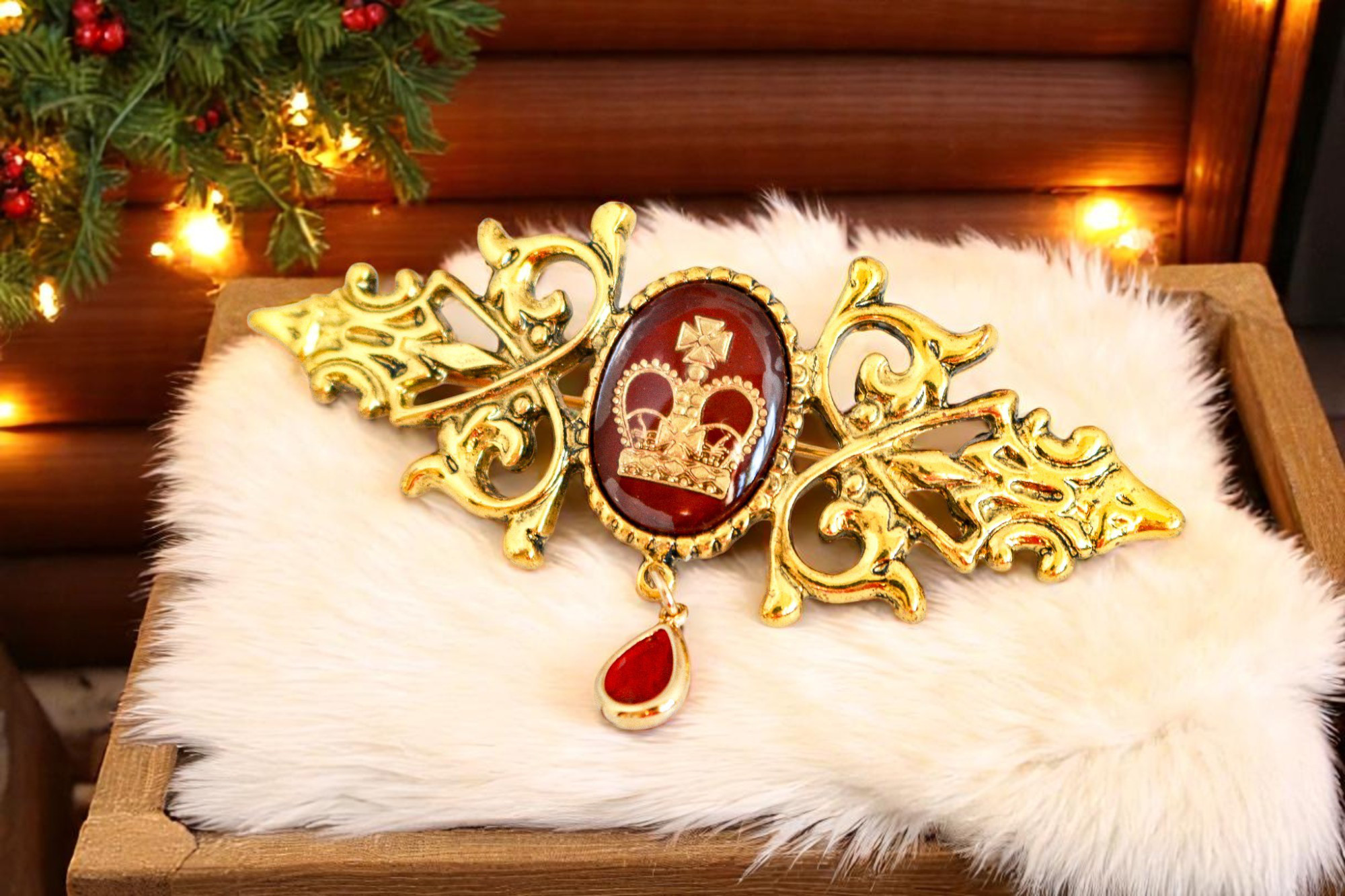 王冠が浮かび上がる、気品漂うアンティークブローチ　＊チェコガラスクラウンインタリオ＊