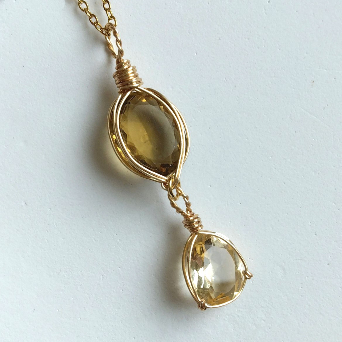 ハニークォーツ（緑水晶）＆シトリン　天然石　ワイヤーペンダント　No.P78