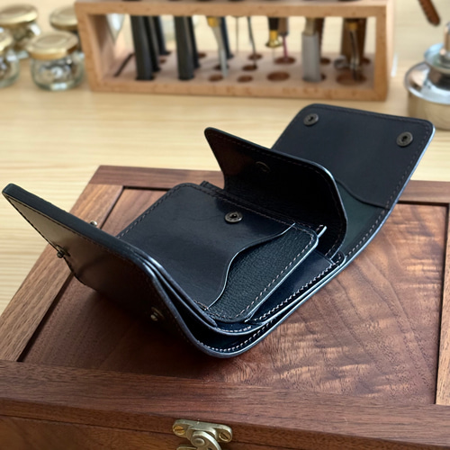 HORWEENシェルコードバン ウォレット　ブラック×#8 スタンプ入り 受注製作 Horweenシェルコードバンブラック L字ファスナーミニ