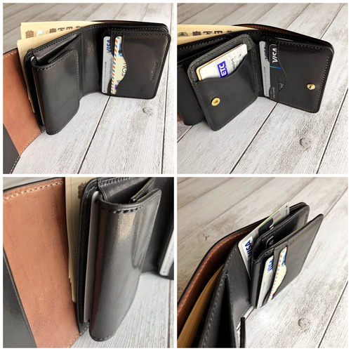 Horweenシェルコードバン×サドルレザー 三つ折りミニウォレット 総手縫 受注製作 Horweenシェルコードバン×ワイルドサドル ブラック 総