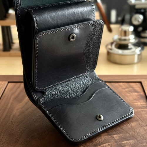 HORWEENシェルコードバン ウォレット　ブラック×#8 スタンプ入り 受注製作 Horweenシェルコードバン×ワイルドサドル ブラック 総手縫い