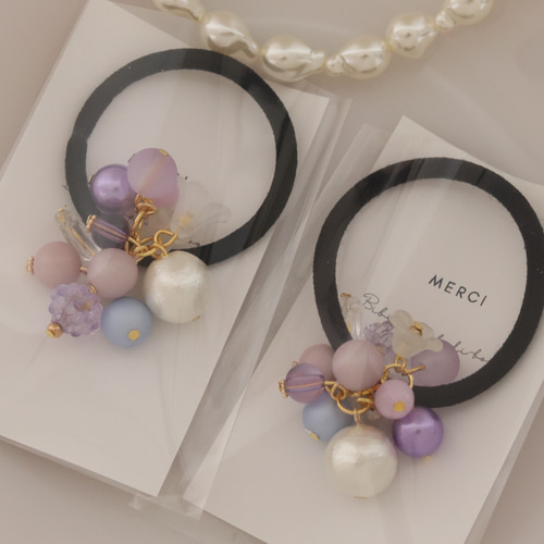 ラベンダー&コットンパール◇花束みたいなビーズヘアゴム/Creema