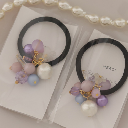 ラベンダー&コットンパール◇花束みたいなビーズヘアゴム/Creema限定
