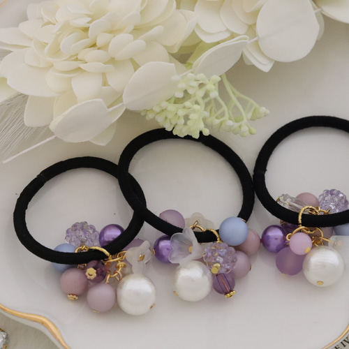 ラベンダー&コットンパール◇花束みたいなビーズヘアゴム/Creema限定 